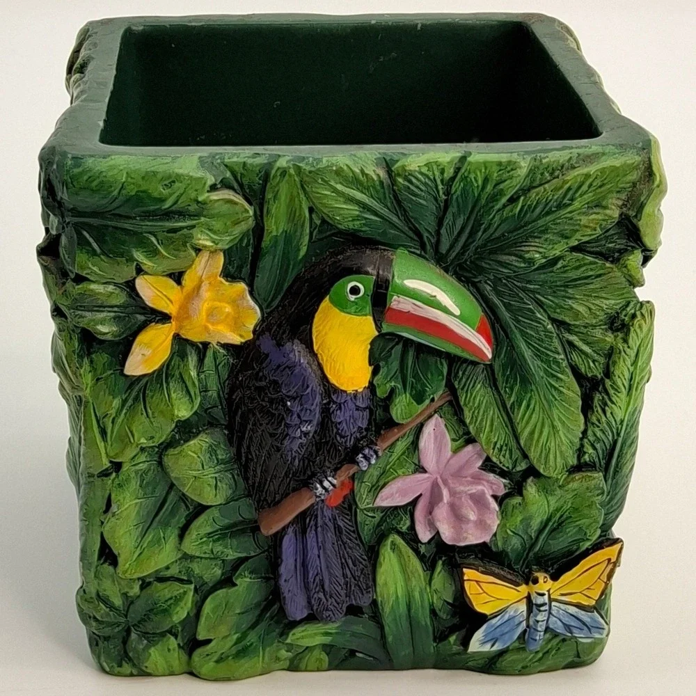 Vtg Kmart Jungle Rainforest Animals Jar/Planter/Bathroom Collection Green Leaves